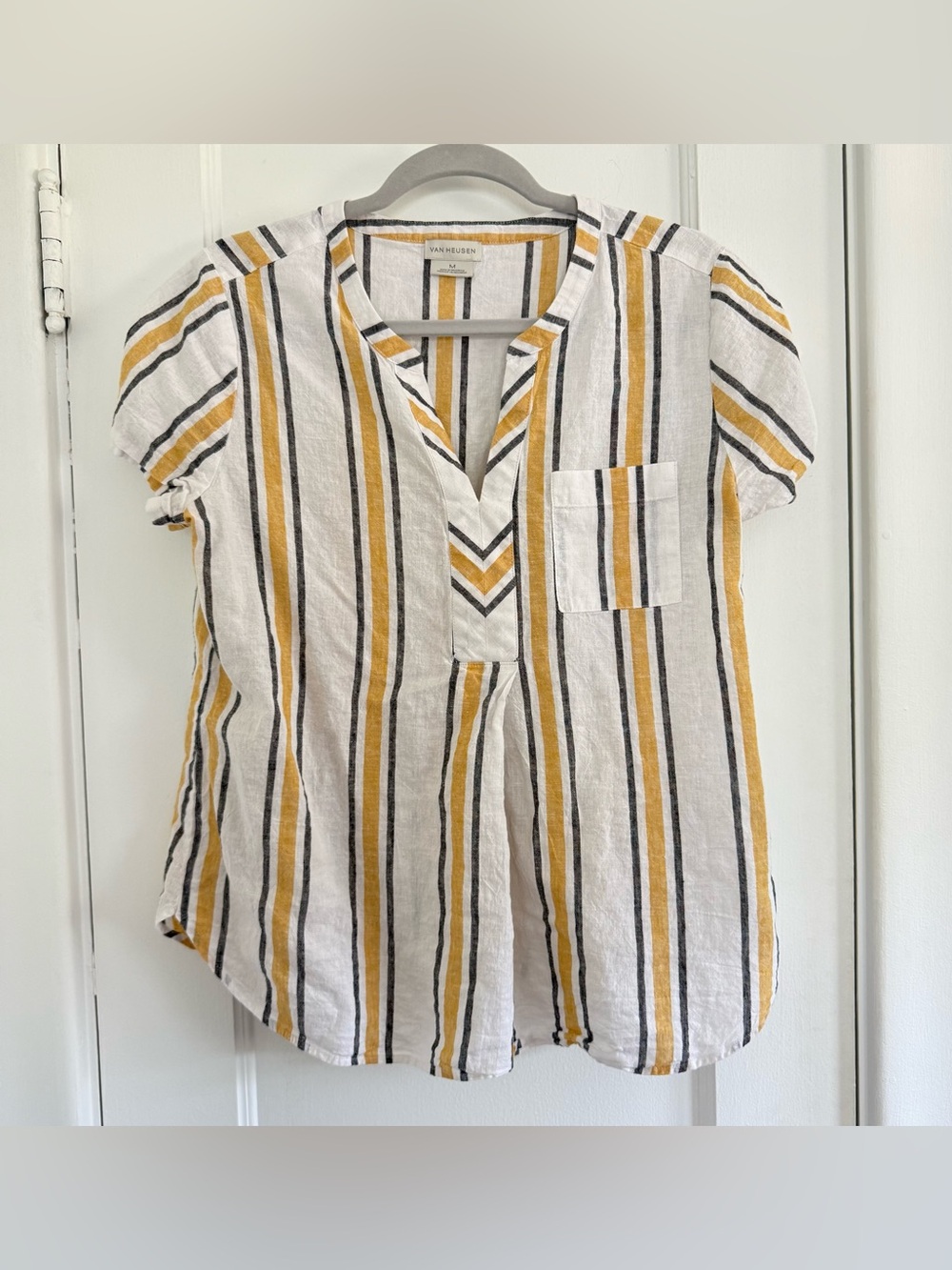Van Heusen White Striped Tunic Yellow & Black Stripes Linen/Cotton Blend Size M